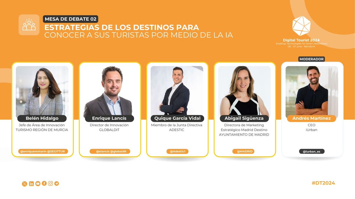 🧠 ¿Cómo puede la #IA mejorar la experiencia del turista y la gestión de destinos? Descúbrelo en esta mesa de debate del #DT2024
 
👥 Expertos de la industria compartirán insights y estrategias sobre el uso de la inteligencia artificial en el sector turístico, con la