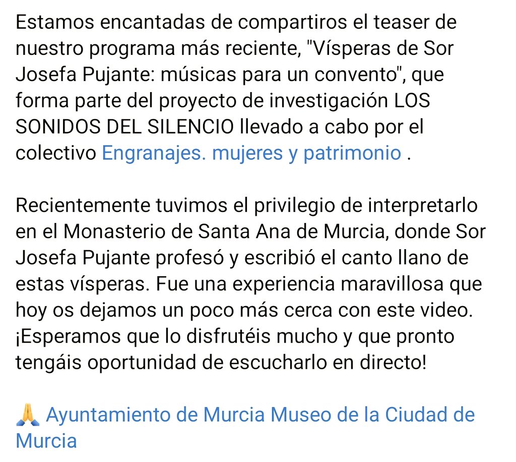DeMusicaE's tweet photo. ¡Nuevo teaser! https://t.co/MDigg27QXn

🙏 @AytoMurcia @museociudadMUR

#sorjosefapujante #DeMusicaEnsembleXVaniversario #engranajesmujeresypatrimonio #DeMusicaEnsemble #15añosdeDeMusica #mujeresypatrimonio #musicaconventual #SonidosDelSilencio #MujeresYMúsica https://t.co/dspj24V0ub