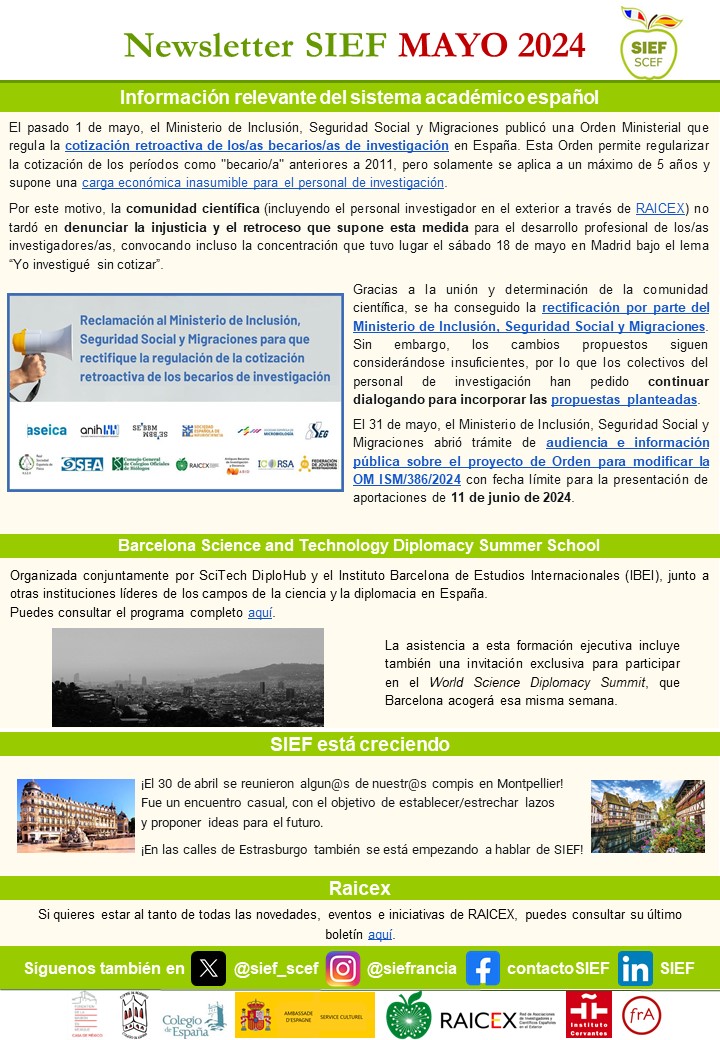 🟢 NEWSLETTER Mayo 2024 🟢
Como de costumbre, ¡no tiene desperdicio!🤩
Premios científicos🏆, ofertas de empleo💼🔬, #eventosSIEF pasados y próximos 📝, noticias relevantes del sistema académico español 🇪🇸 y mucho más‼️👇
🔗drive.google.com/file/d/1Lygktt…