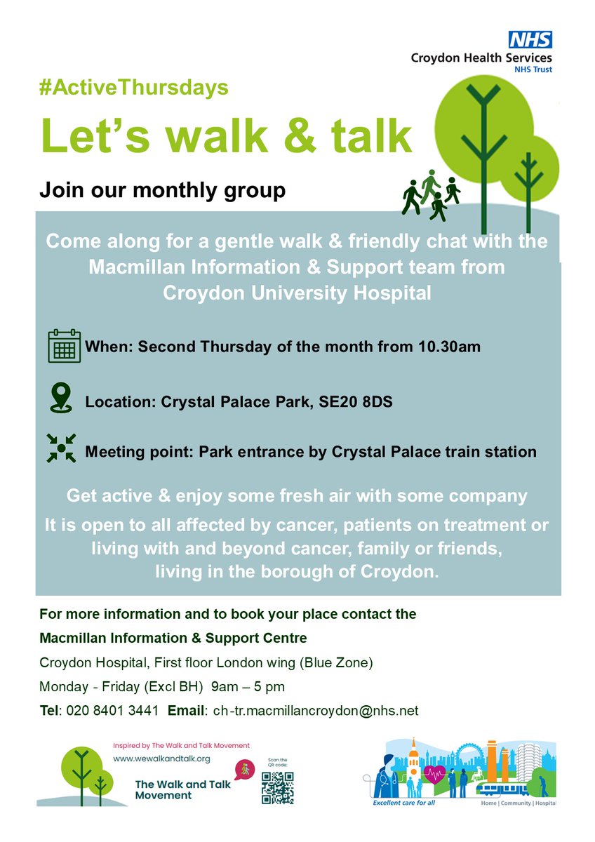 CUHMacmillan's tweet photo. 1/2 DRUM ROLL 🥁 We are launching our new initiative #ActiveThursdays supporting people affected by #cancer living in #Croydon to be more active &amp; to get together for peer support. Our first Thursday will be : Let's Walk and Talk, a monthly outing at @CrystalPalacePK 🌳🚶🚶🚶🦕 https://t.co/UZ0xFlJ6km