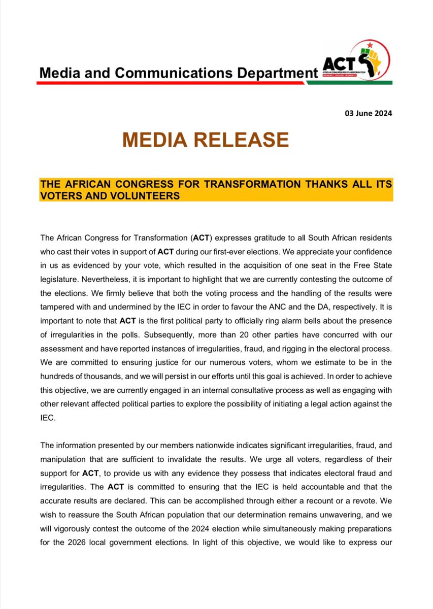 ACTYouthWing_'s tweet photo. [MEDIA STATEMENT]

ACT intends to Contest the Election Results. Due to numerous instances of fraud, rigging, and irregularities, we firmly believe the integrity of the election process has been compromised. We are challenging the results to ensure a fair and just outcome for all South Africans. 

Ace Magashule Zuma ACT MK Party #ThaboBester Nandipha Government of National Unity Zizi Kodwa