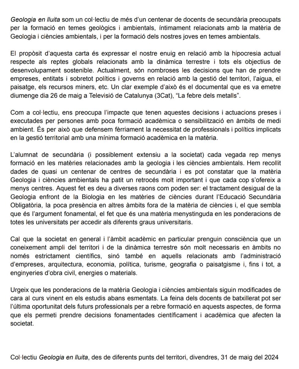 #Geologiaenlluita som un col·lectiu de més dos centenars de docents de secundària preocupats per la formació en temes geològics i ambientals, íntimament relacionats amb la matèria de Geologia i ciències ambientals, i per la formació dels nostres joves en temes ambientals. 👇👇👇