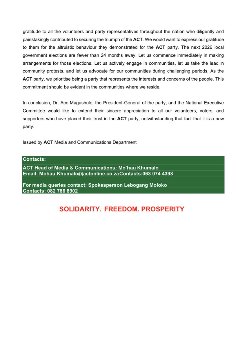 ACTYouthWing_'s tweet photo. [MEDIA STATEMENT]

ACT intends to Contest the Election Results. Due to numerous instances of fraud, rigging, and irregularities, we firmly believe the integrity of the election process has been compromised. We are challenging the results to ensure a fair and just outcome for all South Africans. 

Ace Magashule Zuma ACT MK Party #ThaboBester Nandipha Government of National Unity Zizi Kodwa