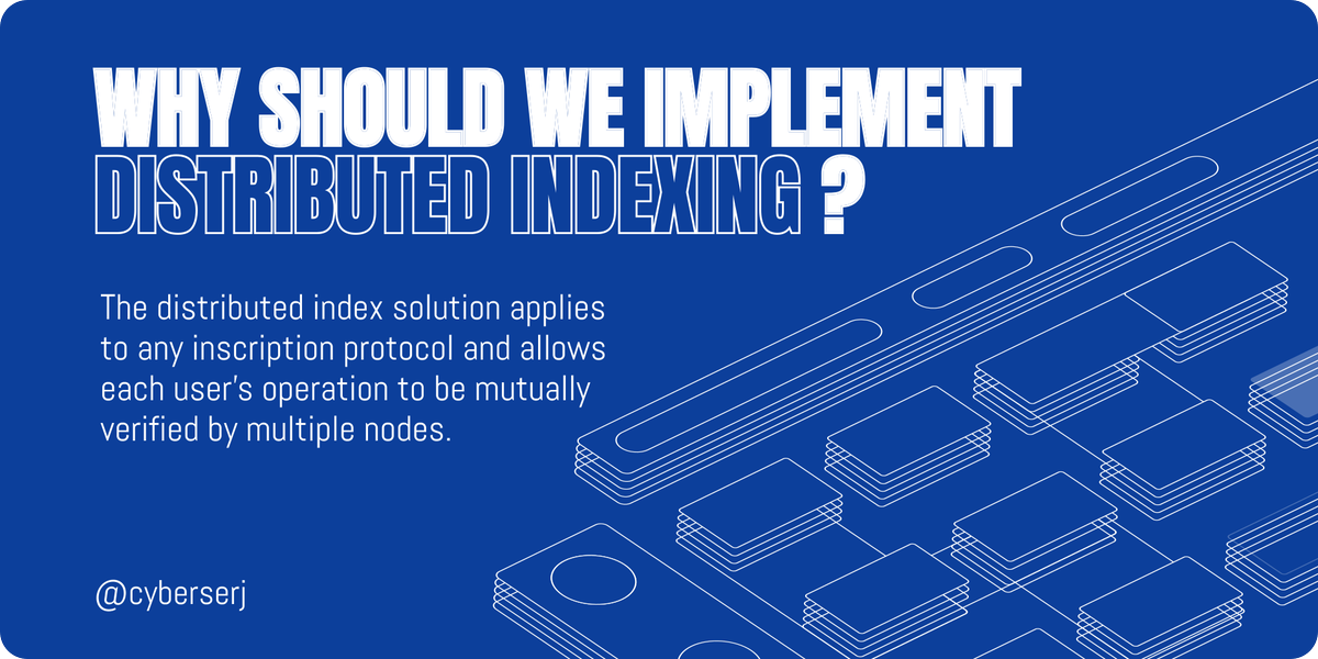 cyberserj's tweet photo. Why should we implement Distributed Indexing? 🧐
​
TL;DR
​
In the world of blockchain and inscriptions, security and efficiency are at the forefront of everyone’s mind. These assets rely on public blockchains to standardize how they are issued, managed, and traded. But here’s the thing: centralized indexing systems come with significant security concerns. 🚨
​
Let’s talk about BRC-20, a well-known inscription protocol. It’s supported by UniSat, OKX, and Binance. But despite this backing, it’s not entirely secure. Why? Because each platform operates its own indexing system, and they don’t communicate with each other. We can't possibly know the data that exists in their databases. There's no way anyone can prove it or verify it. Compare it to a time bomb, it's possible that it's going to explode at any time. This lack of interconnection can create vulnerabilities.
​
The Game Changer: Distributed Indexing Nodes
​
Distributed indexing nodes bring a fresh approach by consolidating all existing inscription mechanisms into beacon indexing nodes and adding a distributed verification process. This isn’t just for one protocol but can be applied universally. Each user’s operation is verified by multiple nodes, enhancing security without changing the underlying protocols.
​
Why This Matters:
​
1. Early Threat Detection:
• Think of it as having an advanced warning system in place. Distributed indexing can spot and mitigate threats early, acting as a preemptive shield in the blockchain’s complex environment.

2. Asset Validation:
• It ensures the authenticity of transactions by validating HASH/UTXO histories across multiple nodes. This rigorous verification means we can trust the transactions are genuine.

3. Efficient Verification:
• Using Merkle tree, distributed indexing generates quick, reliable proofs. This means faster verification times without compromising trust.

4. Seamless Integration:
• New proof mechanisms are introduced without disrupting existing systems, ensuring that everything runs smoothly and securely.
​
Me, as someone deeply involved in the blockchain space, I see distributed indexing as a crucial step forward. Here’s why I’m excited about it:
​
• Scalability: It helps the network handle more data as it grows, which is essential for expanding blockchain ecosystems.

• Fault Tolerance: By decentralizing indexing, the system can keep running even if some nodes go offline. This resilience is key to maintaining continuous operations.

• Resource Optimization: Distributed indexing improves how resources are used across the network, reducing bottlenecks and enhancing overall performance.

• Trust and Transparency: With multiple nodes verifying every transaction, users can trust the system more. This transparency is crucial for wider adoption and confidence in blockchain technologies.
​
Adopting distributed indexing isn’t just a tech upgrade; it’s a strategic move to make our networks more secure, scalable, and trustworthy. It’s about preparing for future challenges and ensuring every transaction is safe and transparent.