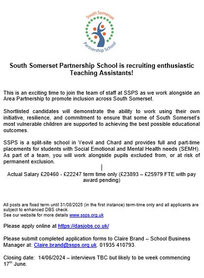South Somerset Partnership School are recruiting!  For more information please see below or go to ssps.org.uk/vacancies