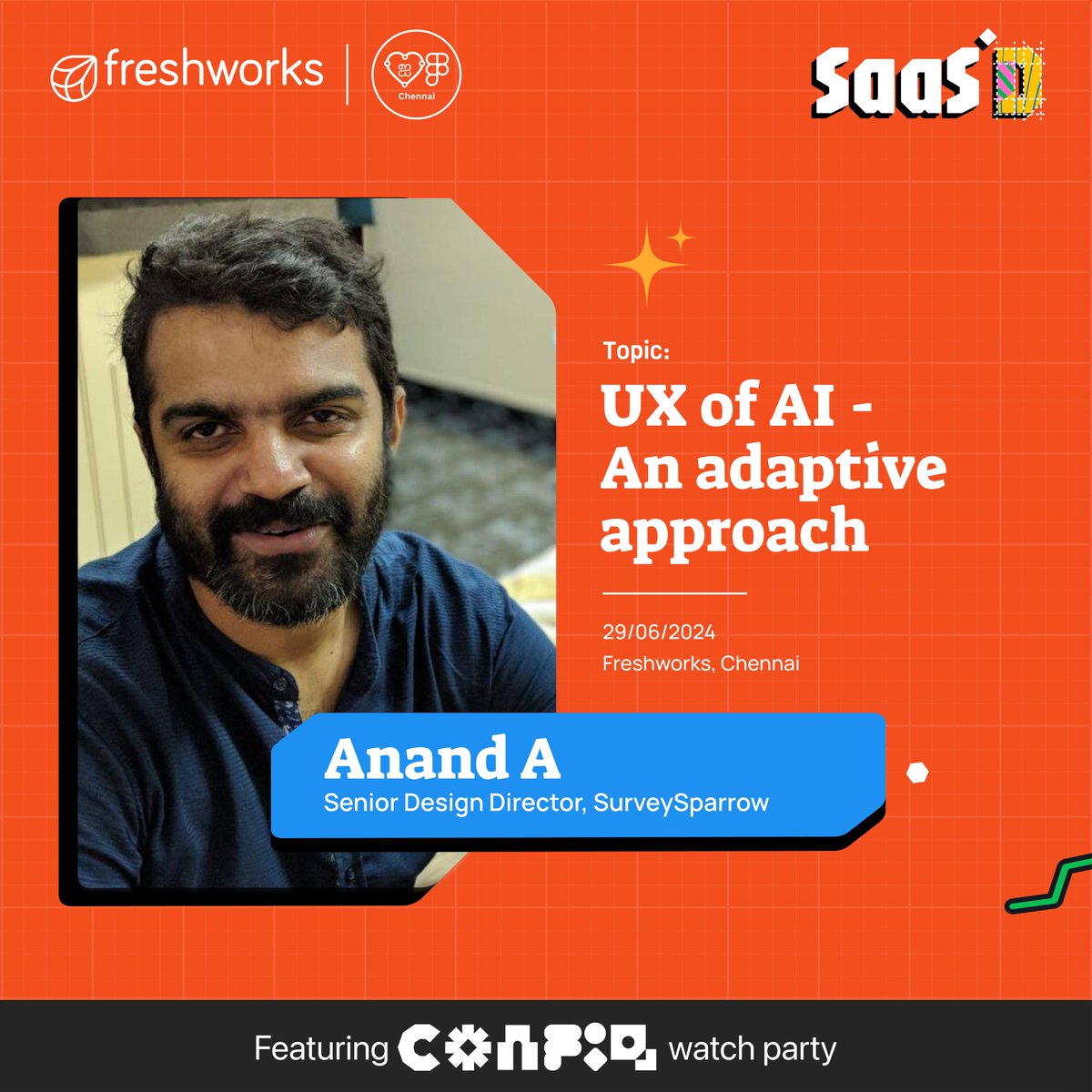 SaasDesigners's tweet photo. Anand A takes the stage at SaaSD 2024 to share the latest insights on the future of UX and AI. Don’t miss this electrifying session about the latest buzz in design #UXofAI #AdaptiveApproach #SaaSTrends #SaaSDesign #AIinSaaS #DesignInnovation https://t.co/Df7LKg4eXA