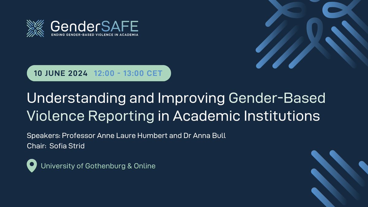 GenderSAFE 🇪🇺 (@gendersafe_gbv) on Twitter photo Join us for a lunchtime seminar on "Understanding and Improving Gender-Based Violence Reporting in Academic Institutions" with Prof. <a href="/alhumbert/">Prof Anne Laure Humbert</a>, Dr. Anna Bull & <a href="/stridium/">Sofia Strid</a> ⤵
📅 10 June, 12:00-13:00 CET
📍 Online & <a href="/goteborgsuni/">Göteborgs universitet / University of Gothenburg</a>
🔗 Info & registration: gendersafe.eu/events/ugot-ge… Join us for a lunchtime seminar on "Understanding and Improving Gender-Based Violence Reporting in Academic Institutions" with Prof. <a href="/alhumbert/">Prof Anne Laure Humbert</a>, Dr. Anna Bull & <a href="/stridium/">Sofia Strid</a> ⤵
📅 10 June, 12:00-13:00 CET
📍 Online & <a href="/goteborgsuni/">Göteborgs universitet / University of Gothenburg</a>
🔗 Info & registration: gendersafe.eu/events/ugot-ge…