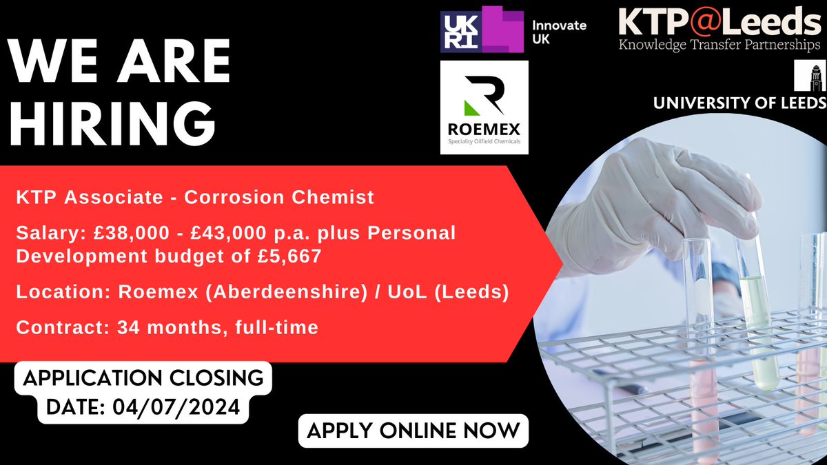 Exciting #KTP Associate Role!

Passionate about corrosion science with a PhD in synthetic chemistry? 

Join a forward-thinking team to develop sustainable, polymer-based corrosion inhibitors for high-temp geothermal applications!

jobs.leeds.ac.uk/Vacancy.aspx?r…