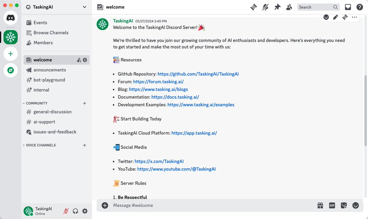 TaskingAI's tweet image. Our Discord server is live! Join us to discuss AI, ask questions about TaskingAI, or submit feature requests. Share your experiences and help us improve the platform! discord.gg/Zggs4m2hdn