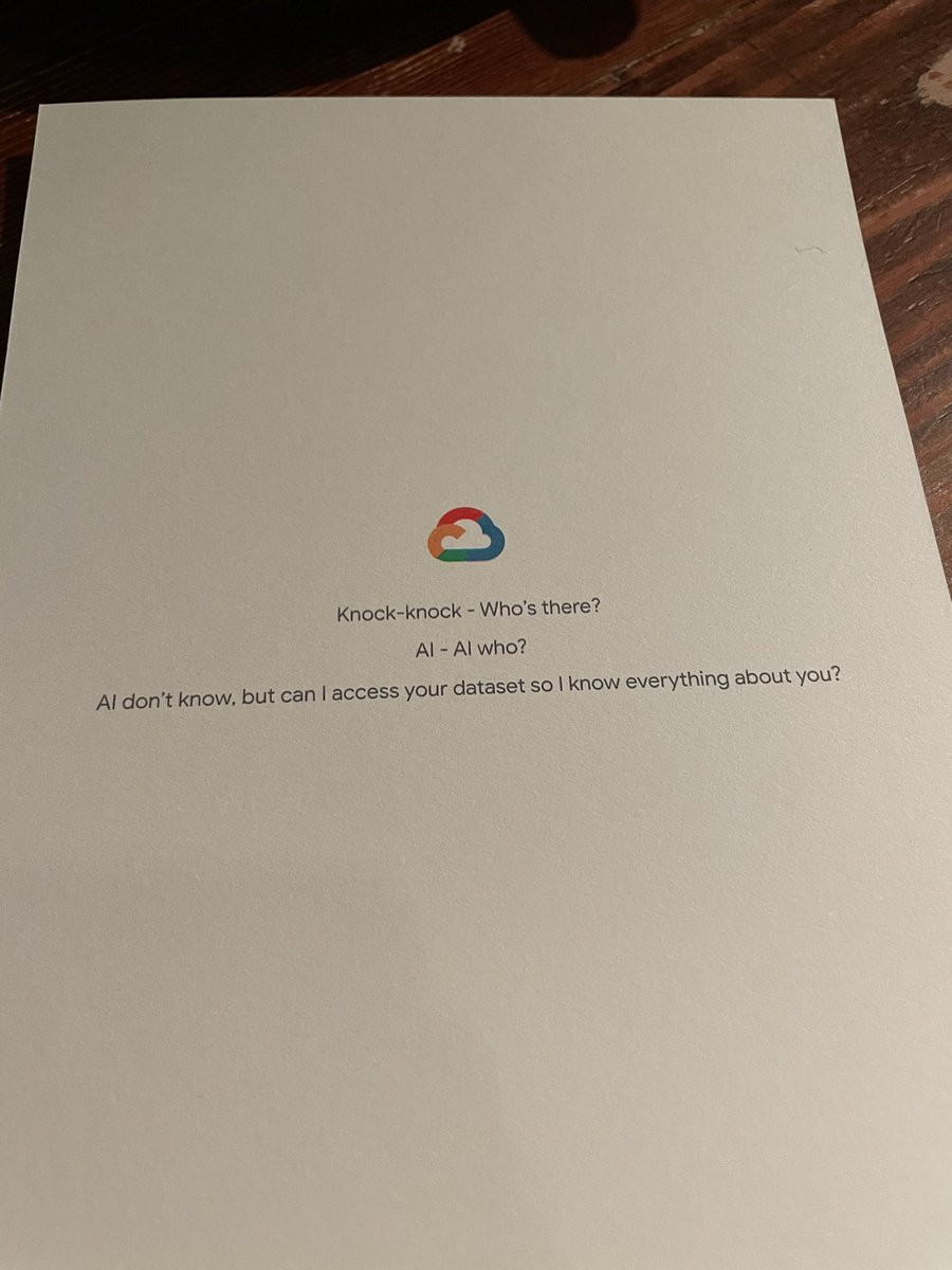 At a AI VC dinner. Back of menu is a Gemini generated joke..