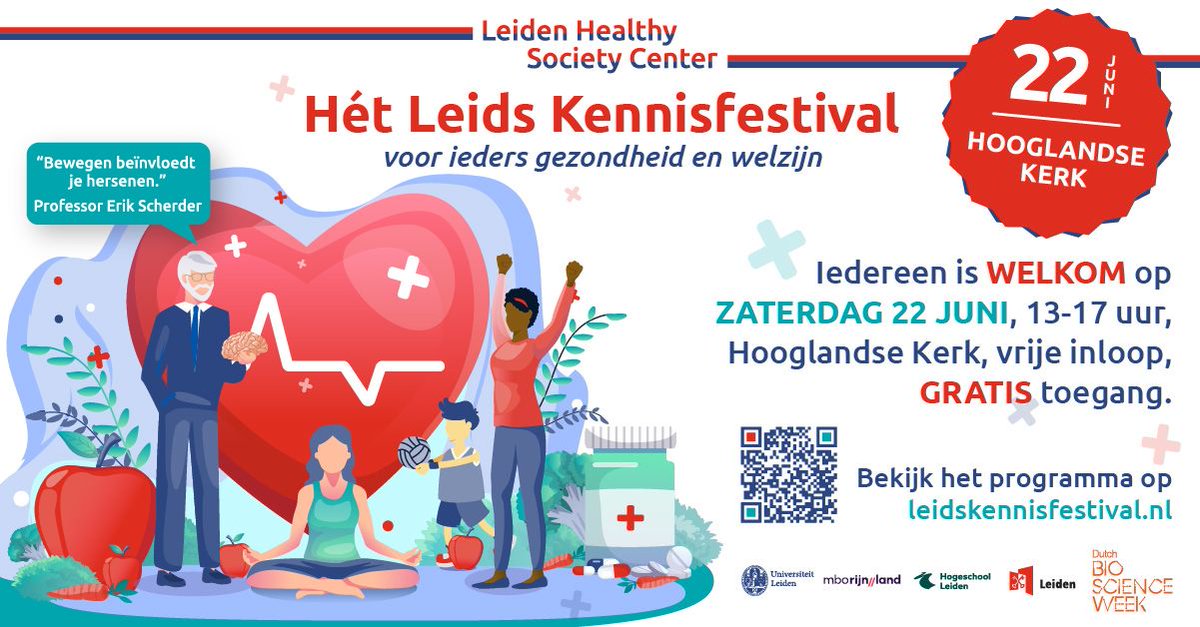 Lang en gezond leven in Leiden? Kom zaterdag 22 juni van 13.00-17.00 uur naar het gratis Leids Kennisfestival in de Hooglandse Kerk. Ontdek wat Leidse organisaties doen voor gezondheid en welzijn. Leren met de Stad is er ook bij!