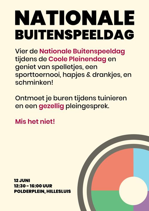 Vier de nationale buitenspeeldag tijdens het Coole pleindag op het Polderplein! 🥳

Geniet van leuke spelletjes, een sporttoernooi, lekkere hapjes en drankjes en laat je schminken!

Bekijk deze activiteit en meer via 👉 tinyurl.com/u4dszumz

#TeamHillesluis