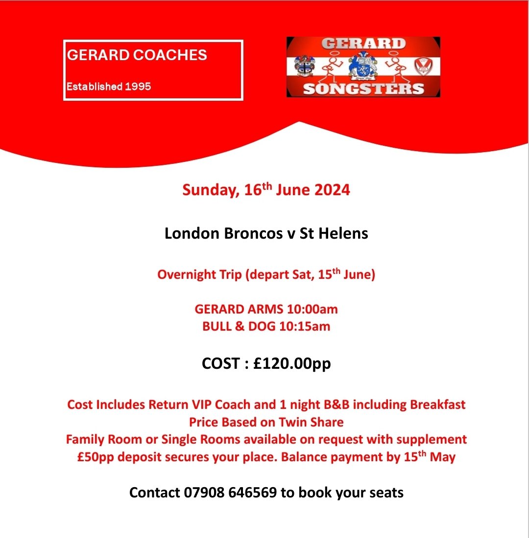 Due to a late cancellation we have a twin room available for the overnight trip to London next Sat/Sun. Details in the pic. £120pp + match ticket (£20pp)

Cheers
Dave

DAY TRIP COACHES NOW SOLD OUT