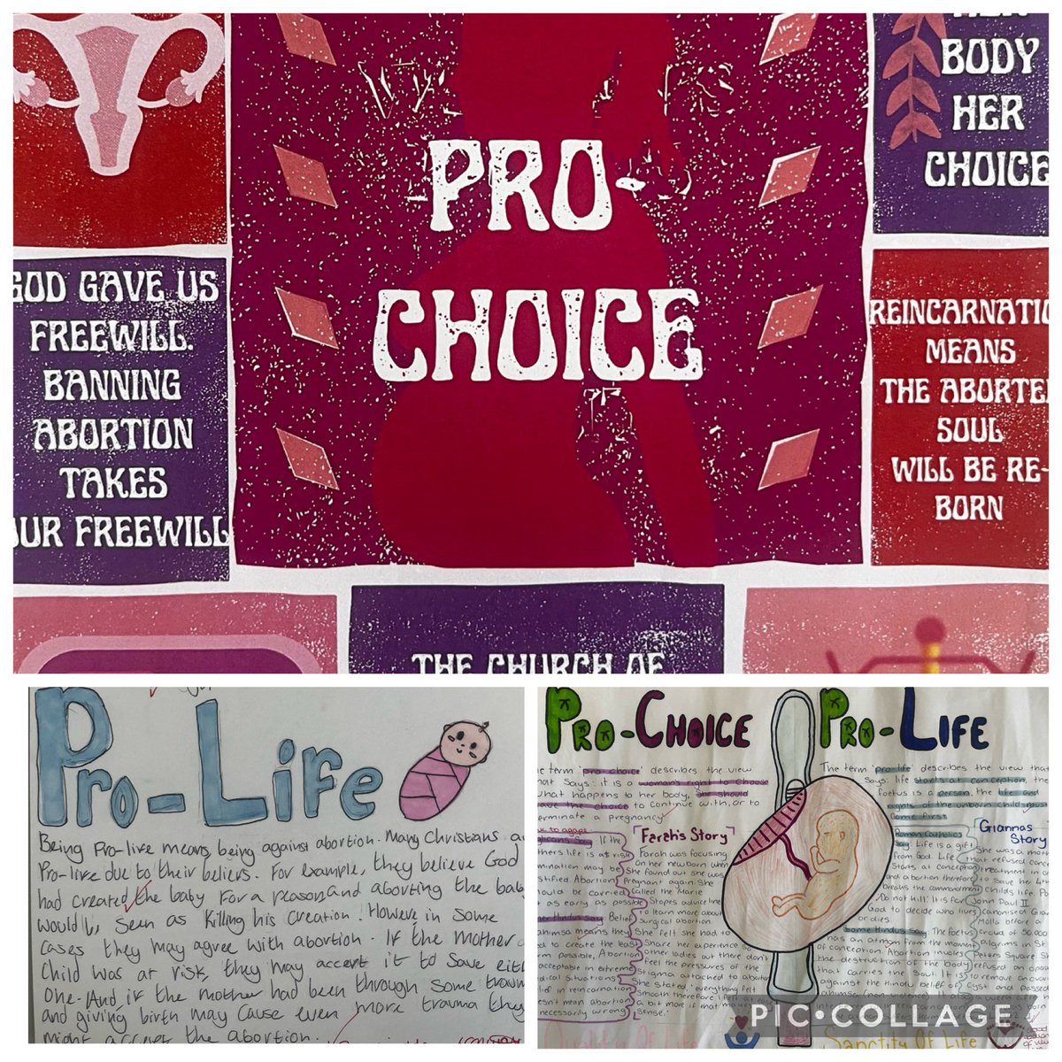 PCS_RS's tweet photo. A little snapshot of the work produced by Year 10 when discussing Christian, Hindu and Humanist approaches to abortion #ProLife #ProChoice https://t.co/cgGvLawCyc
