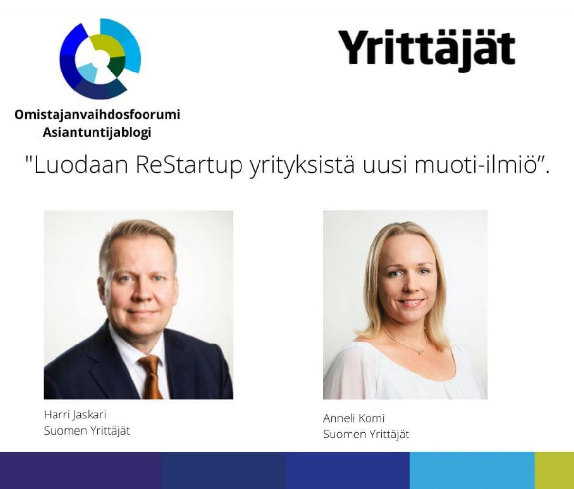 <a href="/suomenyrittajat/">Suomen Yrittäjät</a> <a href="/JaskariHarri/">Harri Jaskari</a> ja <a href="/KomiAnneli/">Anneli Komi</a> ovat sitä mieltä, että Suomeen tarvitaan ReStartup teeman nostatusta! 

ov-foorumi.fi/luodaan-restar…

#ostajanvuosi2024 #omistajanvaihdokset #restartup