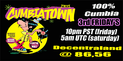 BEATKOIN_ETH's tweet photo. Cumbia Town in @decentraland has moved
to location 86,56
PST / 10pm / 3rd Fridays
UTC / 5am / 3rd Saturdays
#cumbia #decentraland #3rdFriday
we also restream into #9216 @residence_meta
https://t.co/b4rWr7UVFG https://t.co/NTx962gsVZ