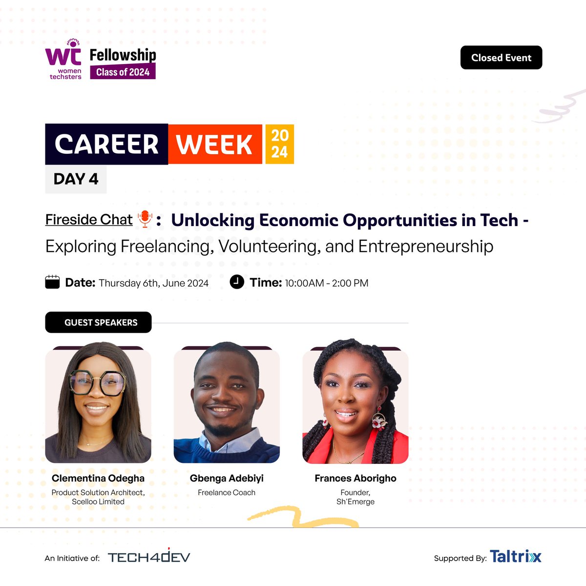 Tech4DevHQ's tweet photo. It's Day 4 of The Women Techsters Career Week and we will be diving into the exciting world of freelancing, volunteering, and entrepreneurship in our first Fireside Chat: "Unlocking Economic Opportunities in Tech."   Hear from inspiring speakers:
•Clementina Odegha, Product Solution Architect at Scelloo Limited.
•Gbenga Adebiyi, a Freelance Coach.
•Frances Aborigho (@FrancesAborigho ), Founder of Sh'Emerge.

This session is packed with valuable insights for anyone looking to navigate the diverse tech landscape. Don't miss out on updates from the session   #WomenTechsters #CareerWeek #FiresideChat #Techpreneurship #Freelancing #Volunteering #Tech4dev