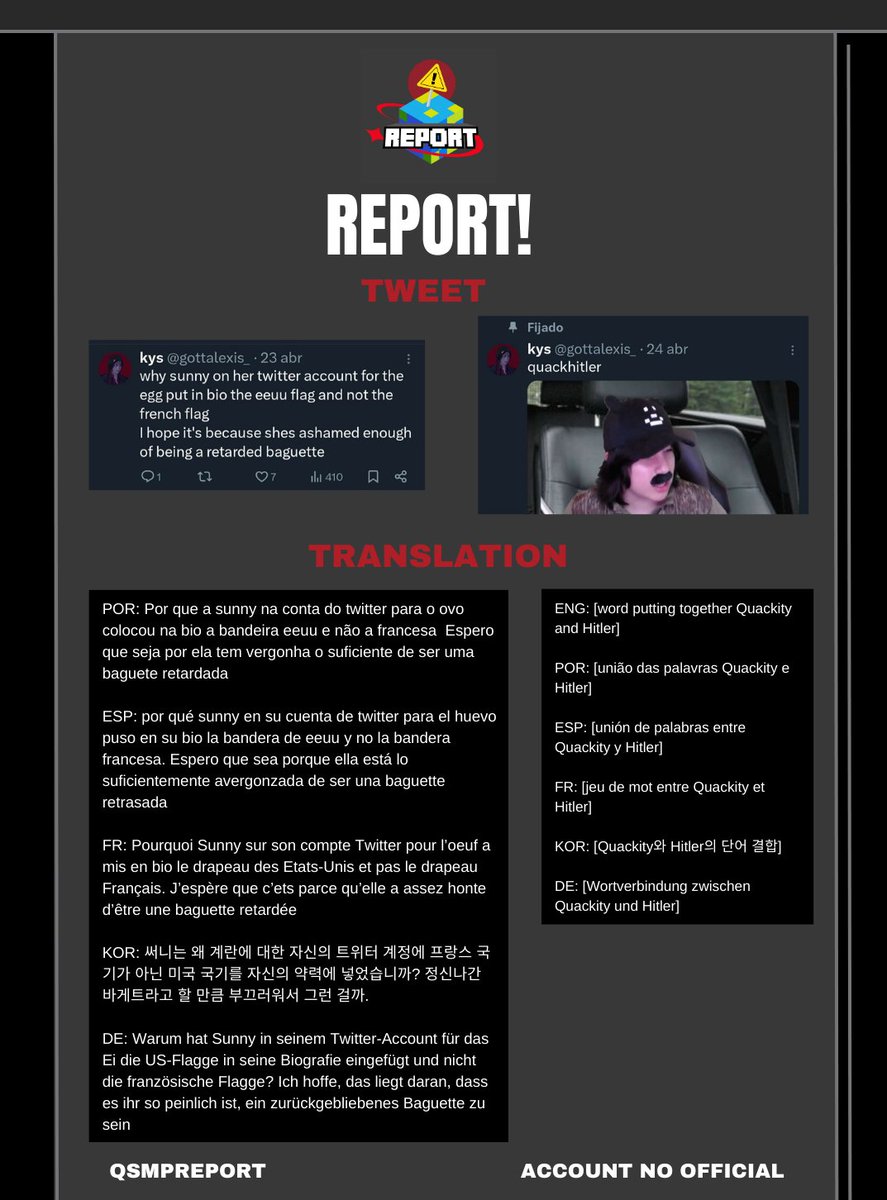 QSMPreport's tweet photo. This account demonstrates xenophobia towards multiple communities, spreads hate, and demonstrates homophobia. 

https://t.co/TrKtHzU9za

Report, block, and do not interact. https://t.co/5F7R3HIj8T