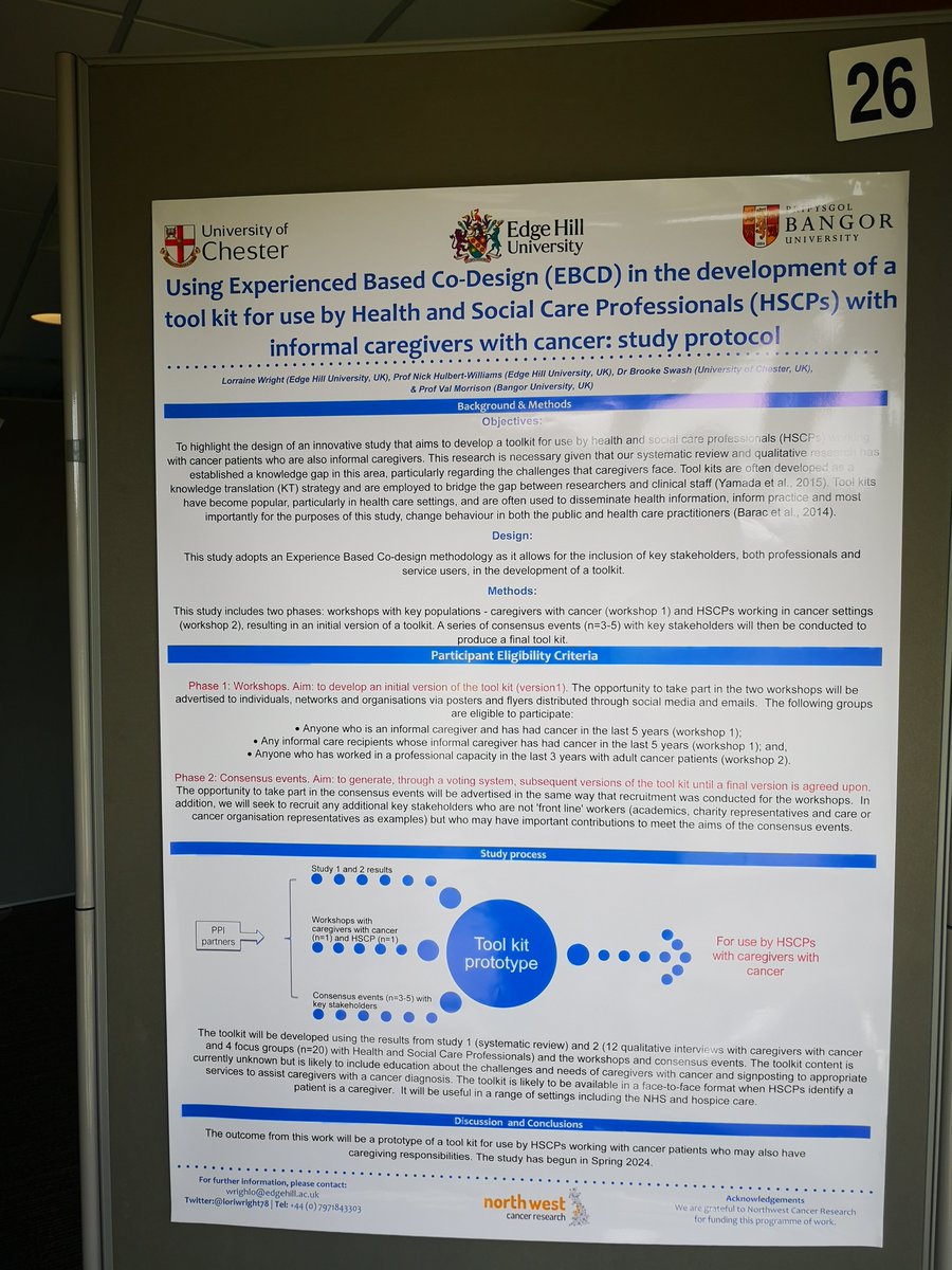 loriwright78's tweet photo. I have two posters at the
@divhealthpsych conference today...the results of a qual study and plans for a toolkit. Focus of my 
@NorthWestCancer
 funded study 
@EdgeHill_Psych
 is caregivers who have a cancer diagnosis. Come and visit 3.50-4.20pm today (posters 26 and 27) ☺️ https://t.co/r18ZoaNcC3