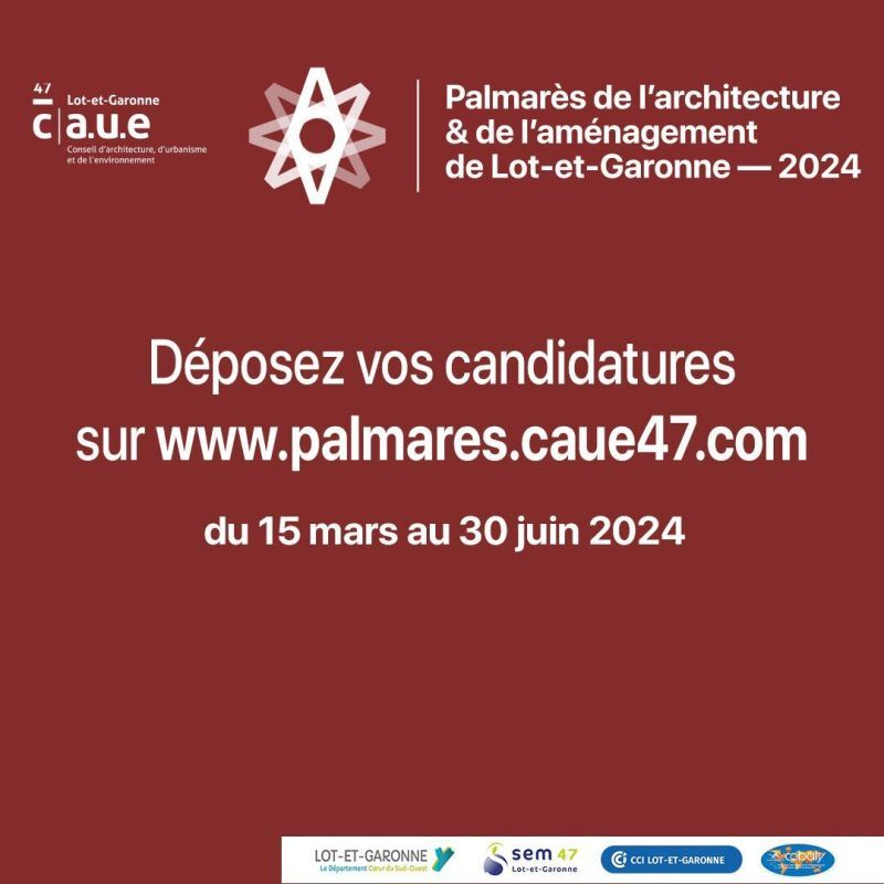 📢 [AGENDA] 
Organisé par le CAUE Lot-et-Garonne, le palmarès 2024 de l’Architecture et de l’Aménagement de Lot-et-Garonne a pour but de valoriser la production architecturale, urbaine et paysagère.

📌 Inscription : swll.to/HcNtHA.

👉 Contact : 05 53 48 46 70