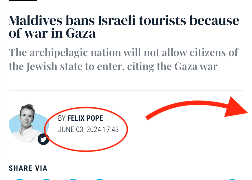 AlanRMacLeod's tweet photo. Literally one day after the Maldives announces a travel ban for Israelis, the attack articles appear 🙃🇮🇱🇵🇸 https://t.co/MRXW3BIhOp