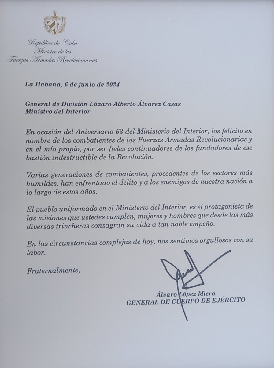 GCE Álvaro López Miera: En ocasión del aniversario 63 del Ministerio del Interior, los felicito en nombre de los combatientes de las Fuerzas Armadas Revolucionarias.
#63Minint