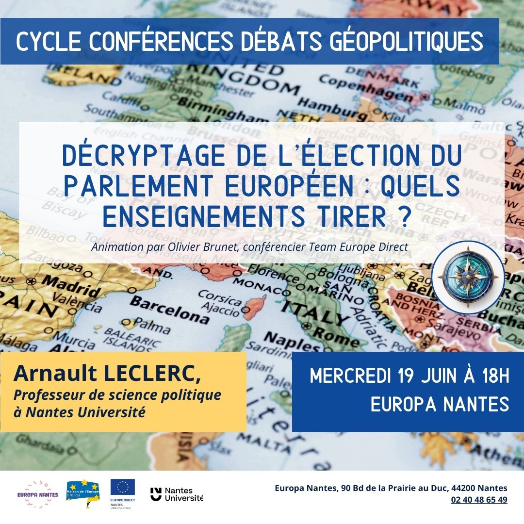 [CONFÉRENCE] 🇪🇺 Décryptage de l’élection du Parlement européen : quels enseignements tirer ?

À J+10 de l'élection du Parlement européen, nous décrypterons les conséquences des résultats sur les vingt-sept États membres de l'UE.

En présence d'Arnauld Leclerc
📍 Europa Nantes