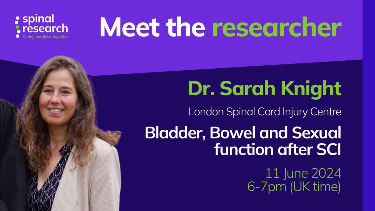 Our next supporter engagement session takes place online on Tuesday 11th June from 6-7pm (UK time). The session, led by researcher Dr Sarah Knight, will be looking at Bladder, Bowel and Sexual function after SCI.

Register for the session today 👉 ow.ly/GnUF50S4lt6