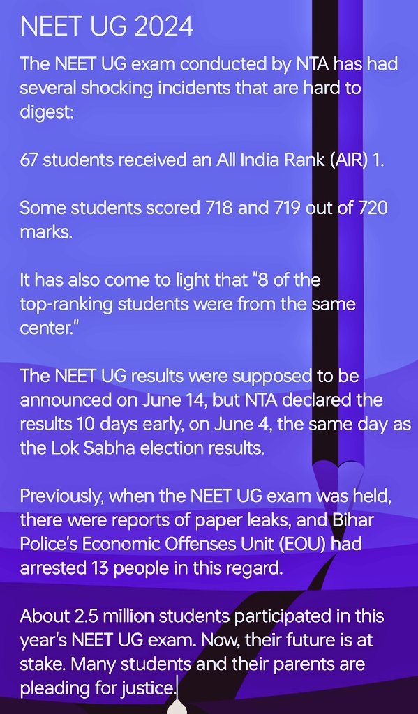AnkitRajSharmaZ's tweet photo. NTA is playing with the future of students.
Elections toh aate jate rahengi, but if any student commits suicide because of the #NEET2024 result, their parents will lose them forever.
Once, take your eyes on this matter too.
#NEET_परीक्षा_परिणाम #NTA #scam https://t.co/Gr8dE3Cmin