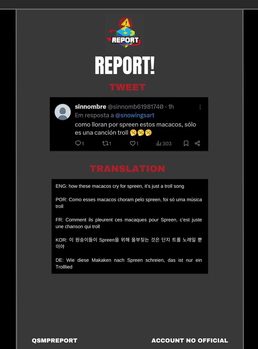 QSMPreport's tweet photo. This account makes racist and xenophobic comments. 

https://t.co/6wGOYeJfR9

Report, block, and do not interact. https://t.co/QKH2mOqmap