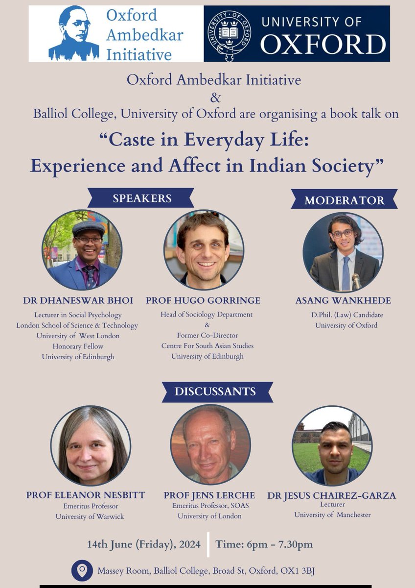 Oxford Ambedkar Initiative is beginning the 'OAI Summer Lecture Series' that will bring world-renowned academics and practitioners on caste to Oxford. We begin the exciting journey with the launch of <a href="/dhaneswar/">Dhaneswar Bhoi, PhD, Post Doc</a> Prof. Gorringe's book <a href="/JensLerche/">Jens Lerche</a> 

Register: eventbrite.co.uk/e/book-launch-…
