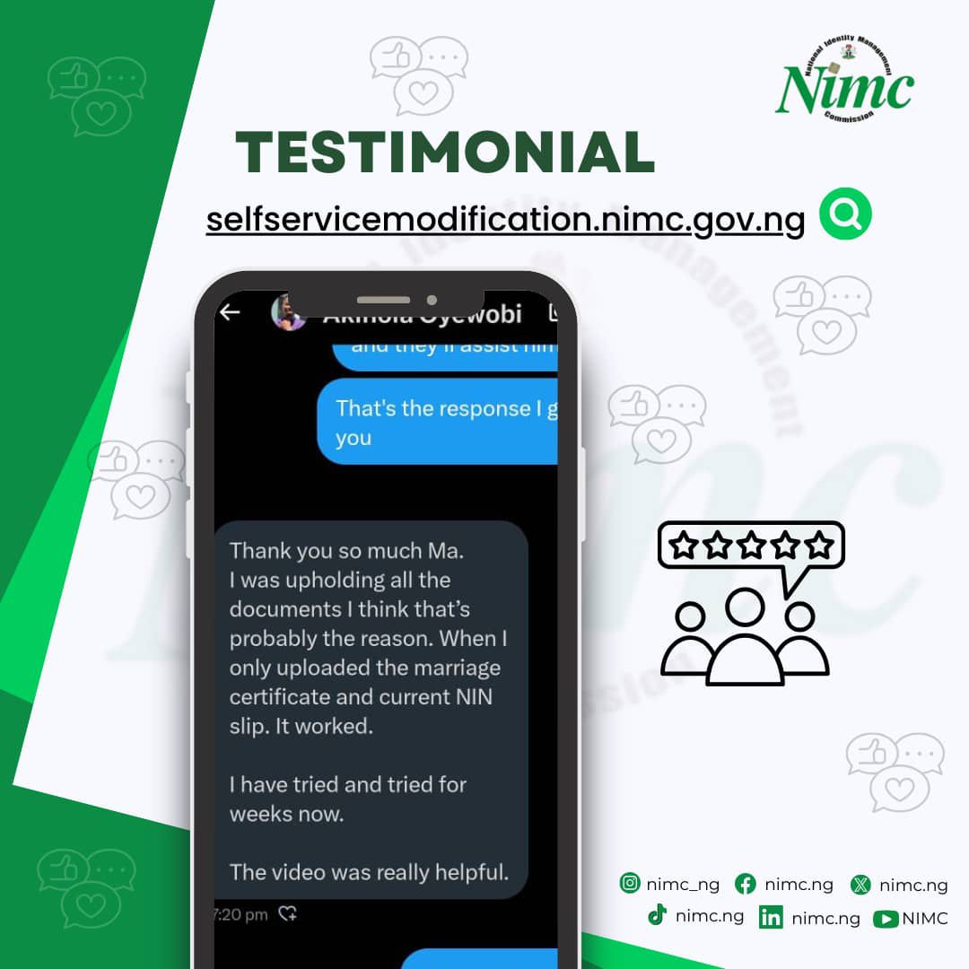 DavidsOffor's tweet image. Frame 1: Simple steps for  #Selfservicemodification on the @nimc_ng portal 
Frame2: Testimony from a happy Nigerian that has gone through the process 
No need for queuing for any modifications via your NIN, use the link 👇 
selfservicemodification.nimc.gov.ng