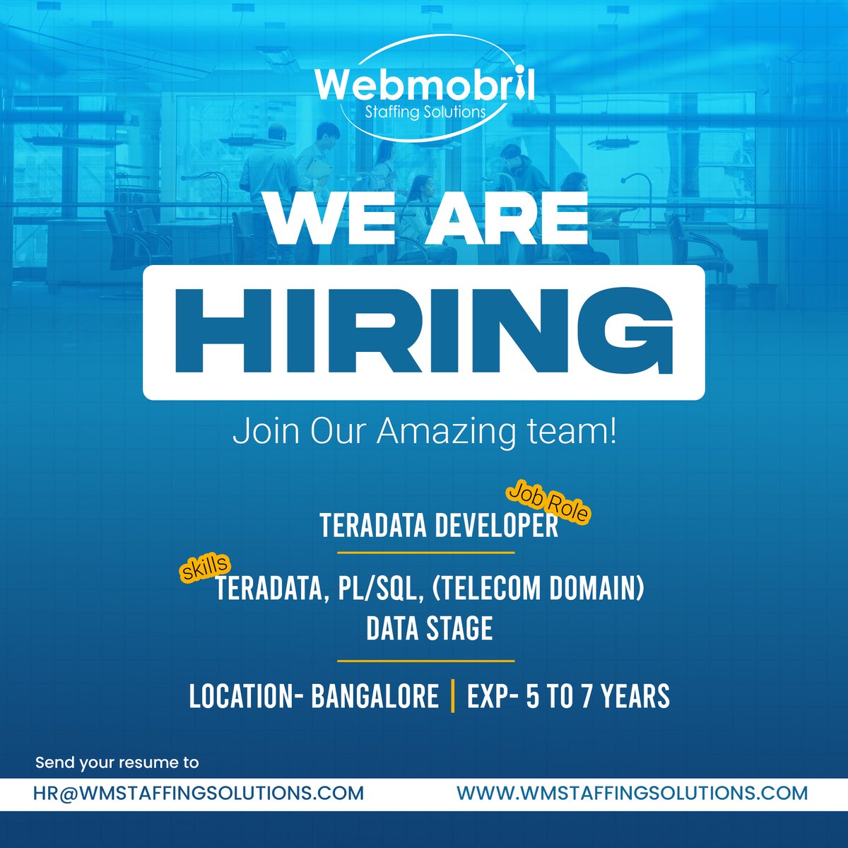 WMStaffing's tweet photo. We're Hiring! Teradata developer with 5-7 years of experience needed. Skills required:  Teradata, PL/SQL, (TELECOM Domain), Data Stage ! 🌍🚀
Share your resume at - hr@wmstaffingsolutions.com
#JobOpening  #JobOpportunity #hiring #job #HiringNow #JoinOurTeam #wmstaffing https://t.co/dGAJ1SeXbk