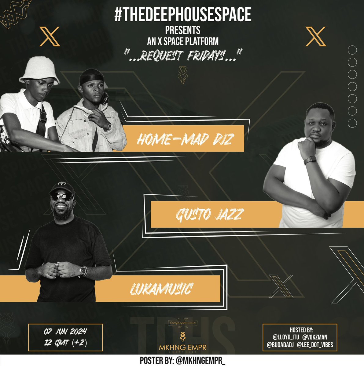 For the love of #deephouse the love of beats &amp; dance we present #TheDeepHouseSpace🎙️

Lineup for Fridays instalment of #TheDeepHouseSpace 🎙️

@Lukamusicsa
<a href="/HomeMad_Djz/">Home-Mad Djz</a> 
<a href="/GustoJazz/">Gusto Jazz SA</a>

🗓️Friday 07 June 2024
🕰️ 12pm
📍X Spaces