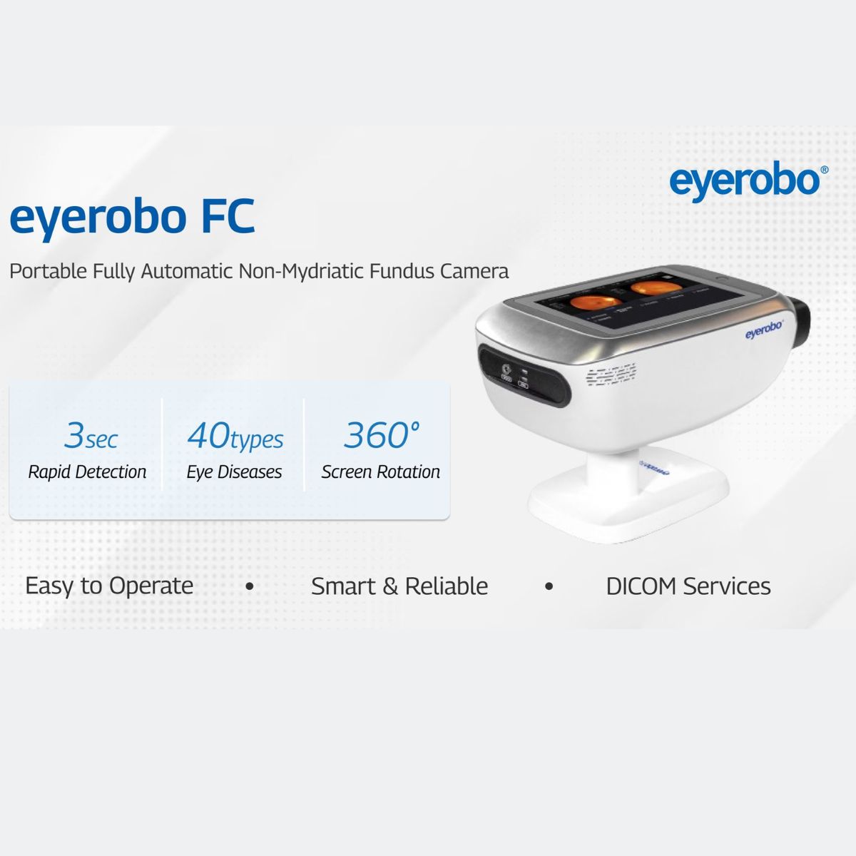 The portable, fully automatic, nonmydriatic Fundus Camera by our sister company Eyerobo. This reliable device allows a complete picture of the fundus in less than one minute!