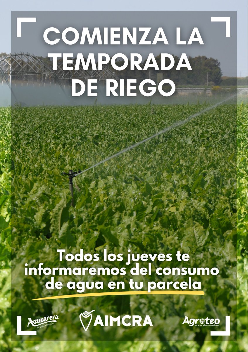 Como cada jueves, por ser socio de <a href="/AIMCRA/">AIMCRA</a> te informamos del consumo de agua de tu parcela de remolacha azucarera 💧💦🌱#campo #agricultura #sostenibilidad