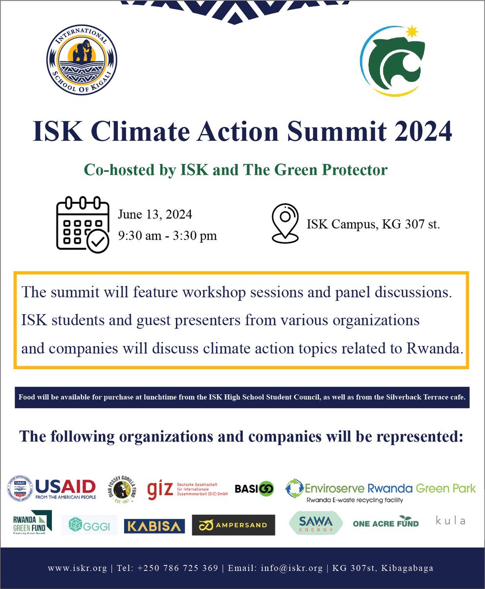 ISK_Kigali's tweet photo. Join us for the Climate Action Summit! 

📅 June 13 
⏰ 9:30 am - 3:30 pm 
📍 ISK Campus

Open to all ISK students, staff, and parents. Let's make a difference for our planet! 

#ISK2024 #Becompassionate #Staycurious #ClimateAction #ISK #TheGreenProtector #GoGreen https://t.co/khfxlyB0vA