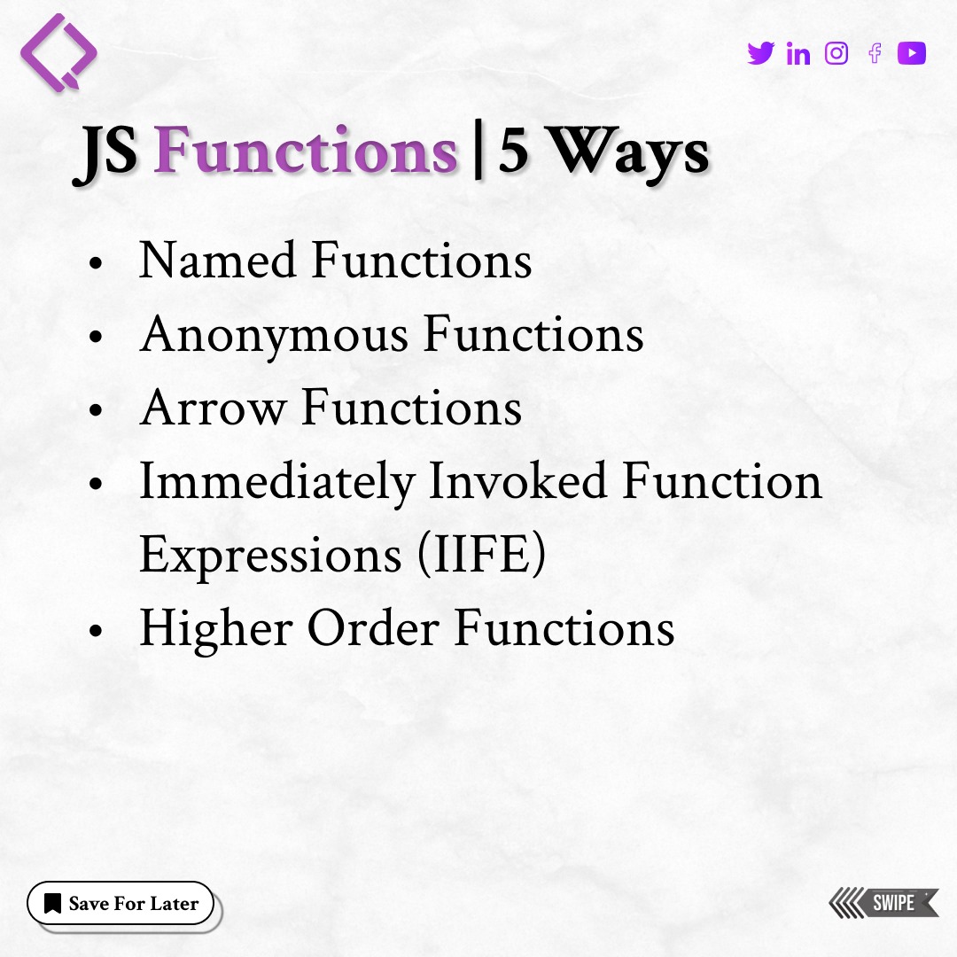 qubycles's tweet image. "Unlock the power of functions! 🚀 Dive into the 5 types of functions you need to know to master coding and problem-solving. 📚✨ #Programming #CodingTips #FunctionTypes #LearnToCode"
Follow us 👉 @qubycles
Visit Us:- qubycles.com
#qubycles #iamindustryready