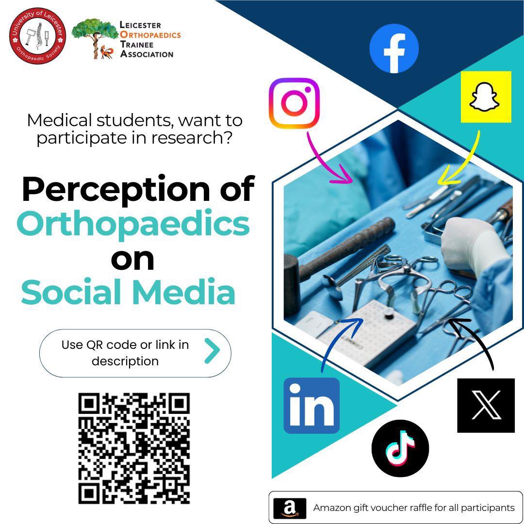 Akhilesh Pradhan (@akhileshpradhan) on Twitter photo ‼️‼️ Calling all medical students ‼️‼️ Chance to win a £10 Amazon Voucher and take part in an amazing bit of research looking into the perceptions of orthopaedics on social media. Please use the QR code or click the following link: docs.google.com/forms/d/1x9jqf…
<a href="/EMS_LOTA/">Leicester Orthopaedics Trainee Association</a> ‼️‼️ Calling all medical students ‼️‼️ Chance to win a £10 Amazon Voucher and take part in an amazing bit of research looking into the perceptions of orthopaedics on social media. Please use the QR code or click the following link: docs.google.com/forms/d/1x9jqf…
<a href="/EMS_LOTA/">Leicester Orthopaedics Trainee Association</a>