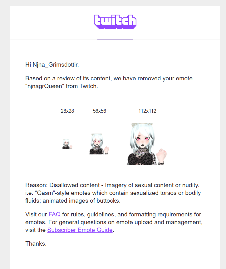 NjnaGrimsdottir's tweet photo. ??? @TwitchSupport are you serious? It's a woman with her fist in the air FULLY CLOTHED. LIKE NO SKIN SHOWING except for her hand and face. How is this #SEXUALIZED?!?!?!? Please. This is one of my core emotes. https://t.co/SpF9KemRss