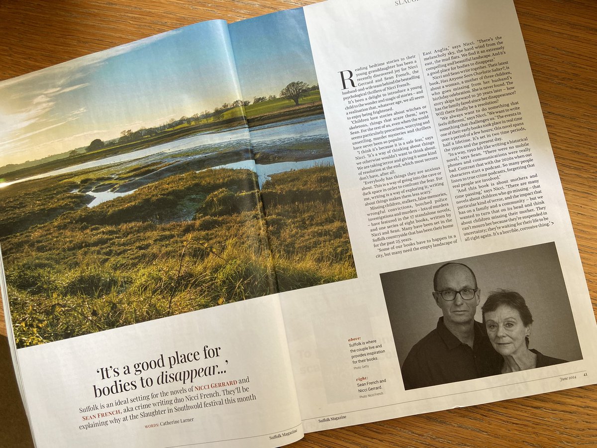 CatherineLarner's tweet photo. The writing duo that is Nicci French will be speaking at Slaughter in Southwold in a couple of weeks, at the crime writing festival @SuffolkLibrary. Get a hint of what to expect by reading my article in @suffolkmag this month. https://t.co/W9qP7z8Hvw