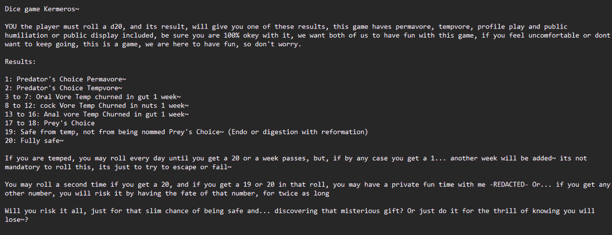 Kermeros14's tweet photo. Alright~ so i will go ahead and release a little game idea~ its focussed on Tempvore and some chance of perma, or if you win, you will get a little... extra fun game that will be private~
Here are the rules~ if you have any questions, please dont worry and dm me anytime~ https://t.co/I0q5lufZIH