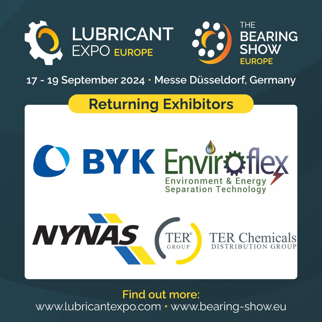 LubricantExpo's tweet photo. We are pleased to welcome exhibitors to @LubricantExpo and @thebearingshow in September 2024: @PressBYK Enviroflex @NynasAB & TER Group
#LEX24 #TBS24 https://t.co/uhW5yLMOxr