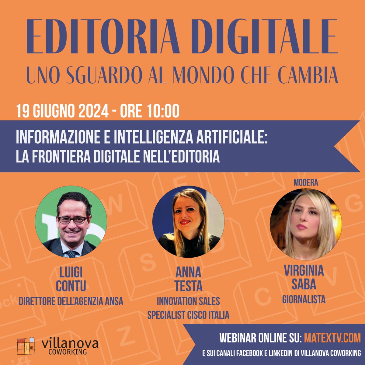 “Editoria digitale: Uno sguardo al mondo che cambia”.

Iscriviti gratuitamente a questo link per partecipare al webinar: villanovacoworking.com/editoria-digit…

👉 19 giugno, ore 10:00 Informazione e intelligenza artificiale: la frontiera digitale nell’editoria.