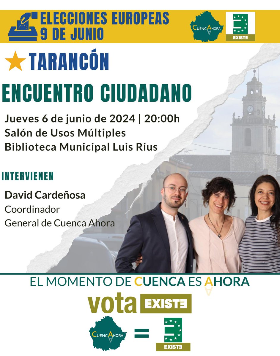 ¡Esta tarde nos vemos en 📌#Tarancón (#Cuenca)!
🏚️Biblioteca Municipal Luis Rius - ⌛️  20.00

La única candidatura en las #EleccionesEuropeas  🇪🇺que representa  a nuestros pueblos  y ciudades en #Europa. ¡La voz de la #EspañaVaciada!