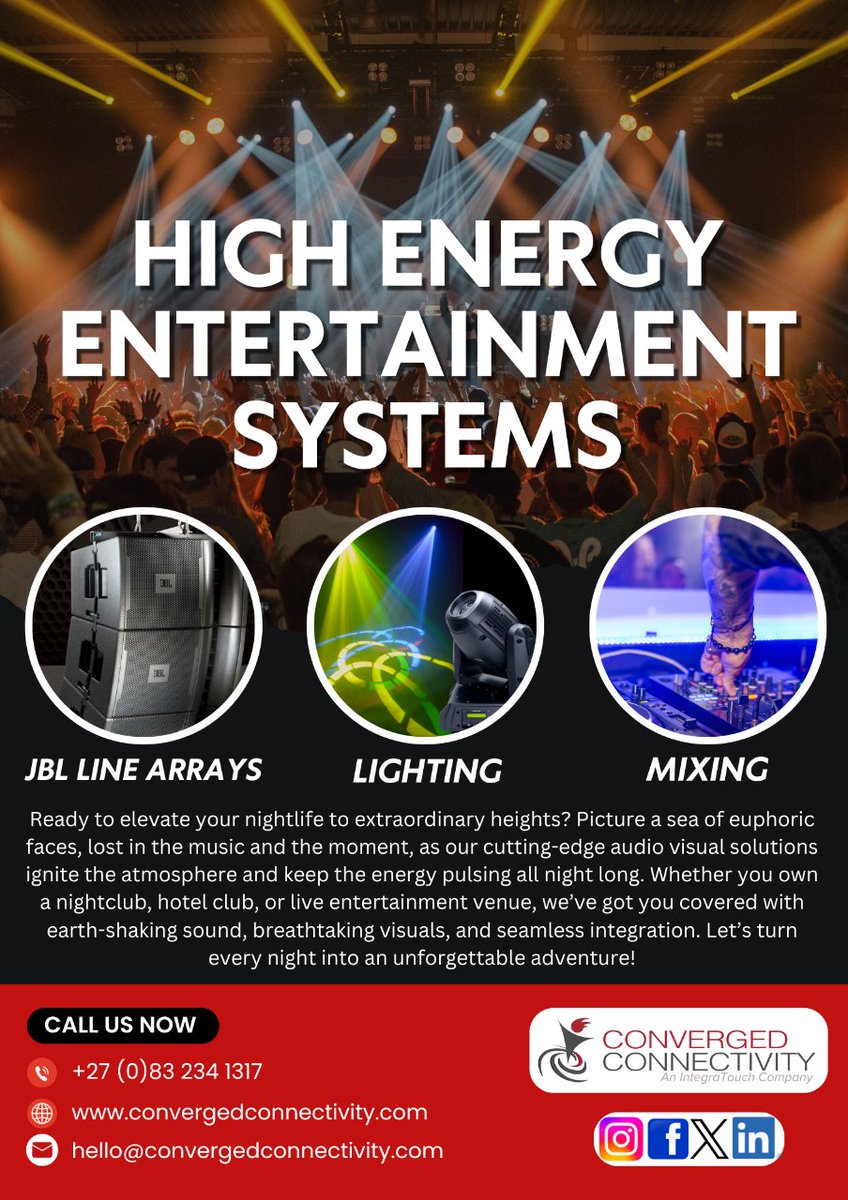 WeConverge's tweet photo. Ready to take your events to the next level? Our High Energy Entertainment Audio Visual Solutions are here to turn any venue into an unforgettable experience. Perfect for nightclubs, live gigs, bars, and outdoor festivals, we bring the ultimate party atmosphere to life https://t.co/BHvQpYAbsb