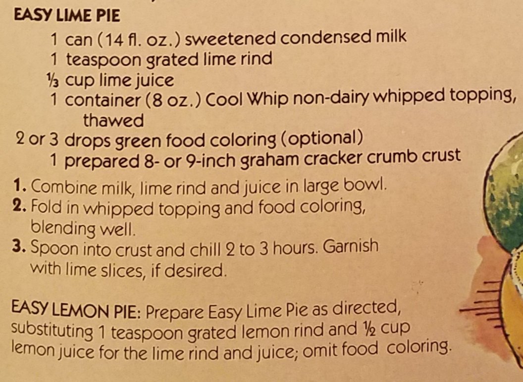 Re2OldFOOD's tweet photo. Easy Lime Pie -- 1980s
#EasyLimePie #limepie #pie
#nobakedessert #1980sfood
#1980srecipe #whippedtopping
#limejuice #limerind #dessert https://t.co/OWNlKMnxje