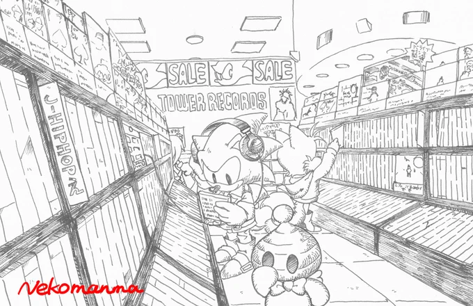 #皆さん線画と塗った後を見せてください
線画:コピックマルチライナー
塗り:コピックスケッチ
タワレコへヒップホップCDをディグりにきたソニック達です💿
色設計も線画も塗りもとにかく大変だったような記憶… 
