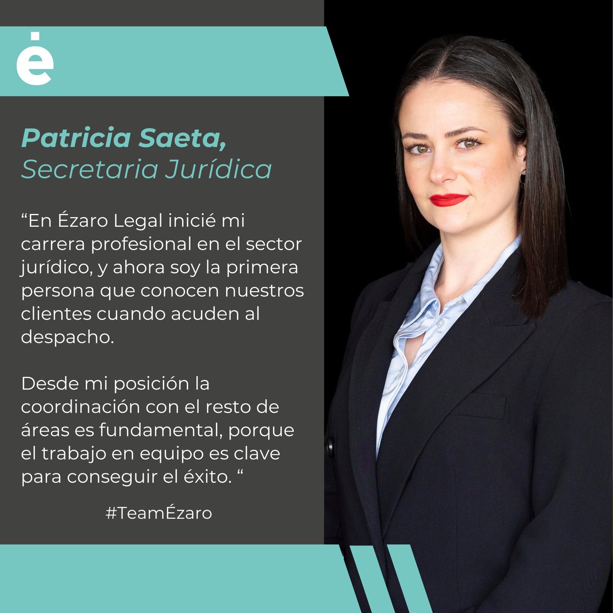 👫 #TeamÉzaro / Este jueves queremos que conozcáis a nuestra secretaria jurídica, Patricia Saeta.
Su dedicación, compromiso y cercanía hacen de ella la persona perfecta para el puesto que desempeña.

#somosézaro