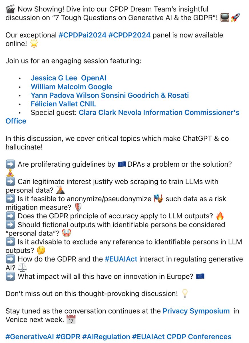 🎬 Now Showing! Dive into our <a href="/CPDPconferences/">CPDP Conferences</a> Dream Team’s insightful discussion on “7 Tough Questions on Generative AI &amp; the GDPR”! 📺🚀

In this #CPDPai2024 #CPDP2024 workshop, we cover critical topics which make ChatGPT &amp; co hallucinate!

👉 youtu.be/PIZ7yCfuBbg?si…